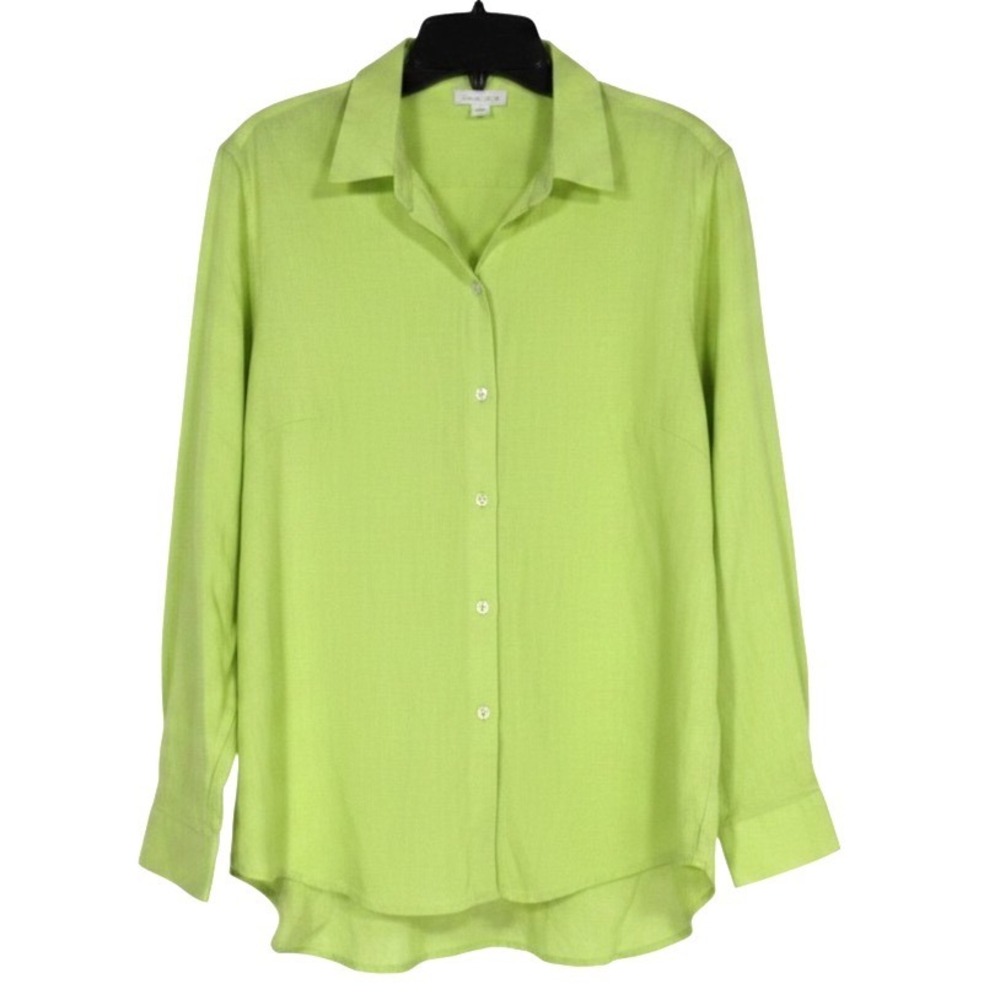 J. JILL Lightweight LINEN Button-Up LIME GREEN Lagenlook BLOUSE/TUNIC TOP Sz M